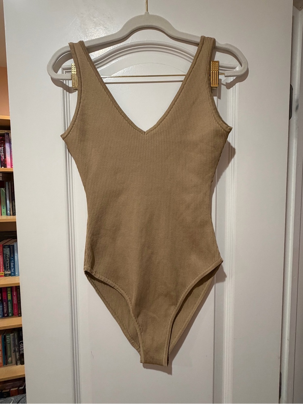 Nocturne Women's Ribbed V-Neck Bodysuit in Tan